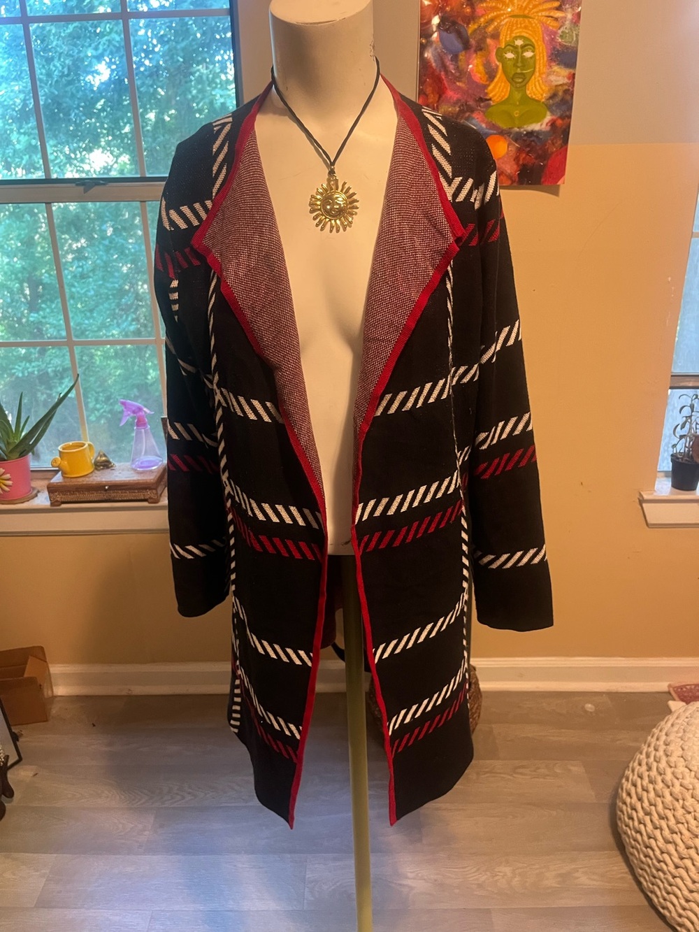 Black Label Striped Open-Front Women's Sweater Cardigan with Red Trim